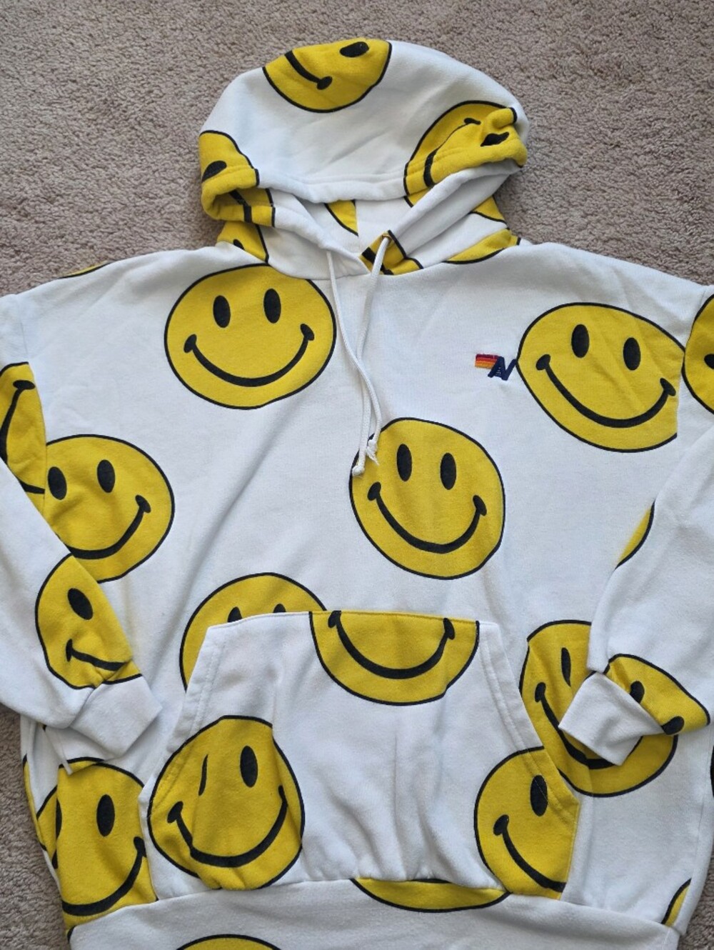 Aviator Nation Smiley Repeat Sweatshirt Relaxed Hoodie White Pullover Medium